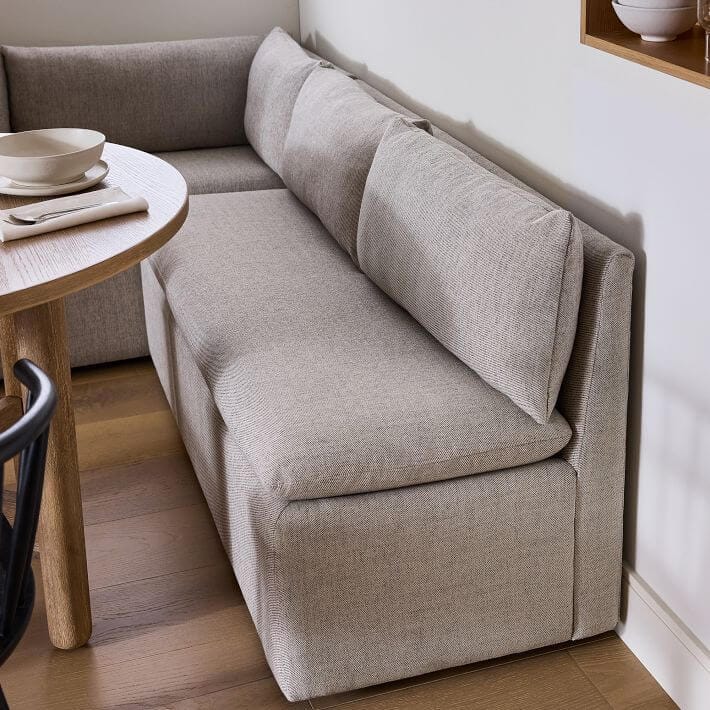 A pre-made, upholstered banquette seating option using in a dining space