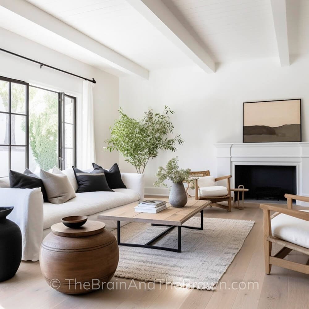 Long living room ideas. Neutral narrow living room decorated white fireplace and white couch.