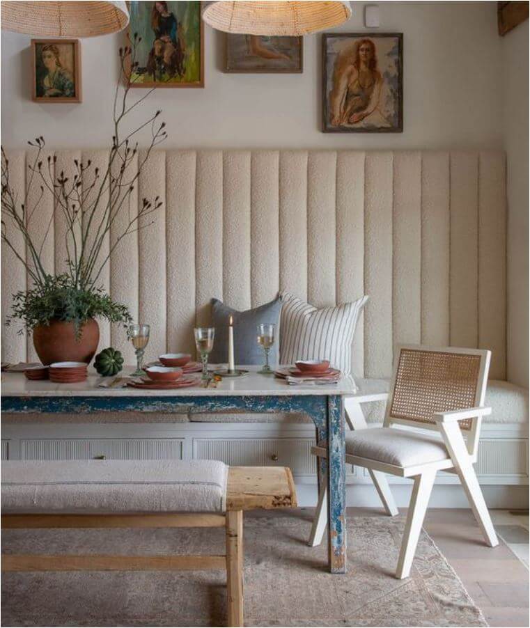 Custom banquette seat with drawers for storage, a rectangular table and a  wooden bench on the other side of the table