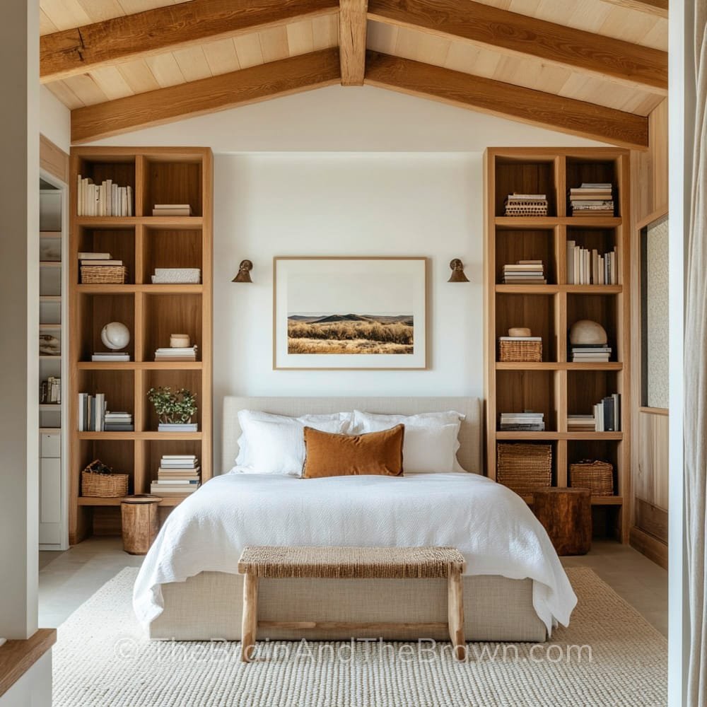 A bedroom with a large bed in the center of the room, two wall to ceiling wooden bookshelves flank each side of the bed and a large piece of artwork with two wall sconces hang above the bed. 