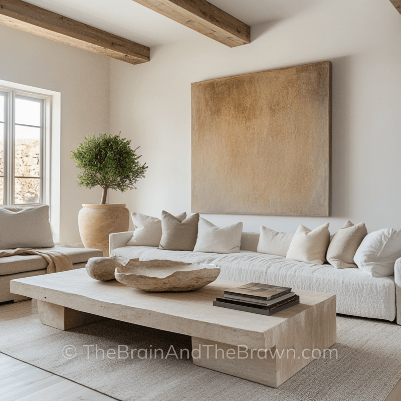 A living room wall decor idea with a large piece of artwork hanging above a long white couch and a long rectangular coffee table in front of the couch. In the corner of the living room is a large plant