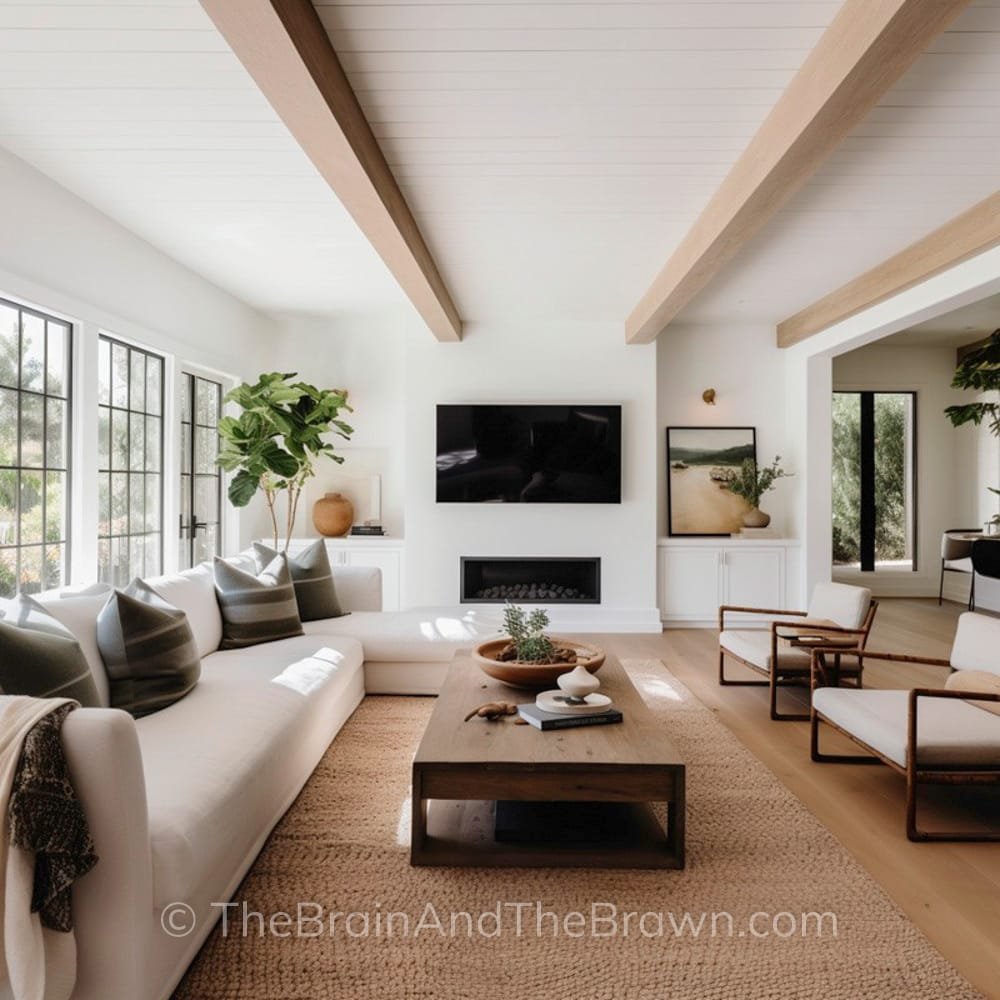 Living room with a white sofa and two chairs facing each other. a plaster fireplace with built in cabinets on each side of the fireplace and a TV hanging above the fireplace is a living room wall decor idea 