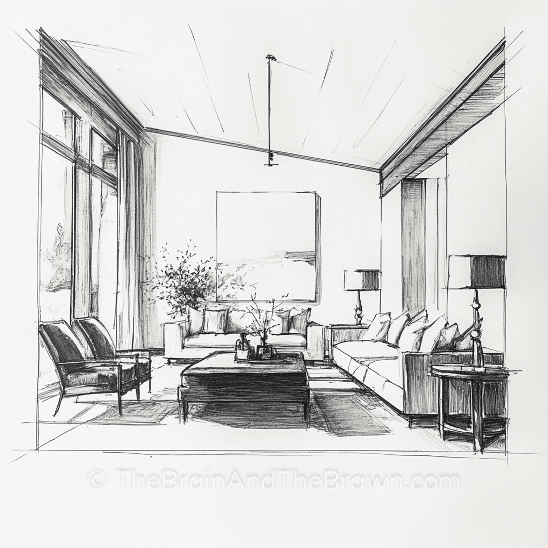 A sketch of a living room with an angled ceiling and a wall of windows. Two chairs sit in front of the wall of windows and face a long sofa. Another sofa flanks the back wall and has a large piece of artwork hanging above it and provides a living room wall decor idea