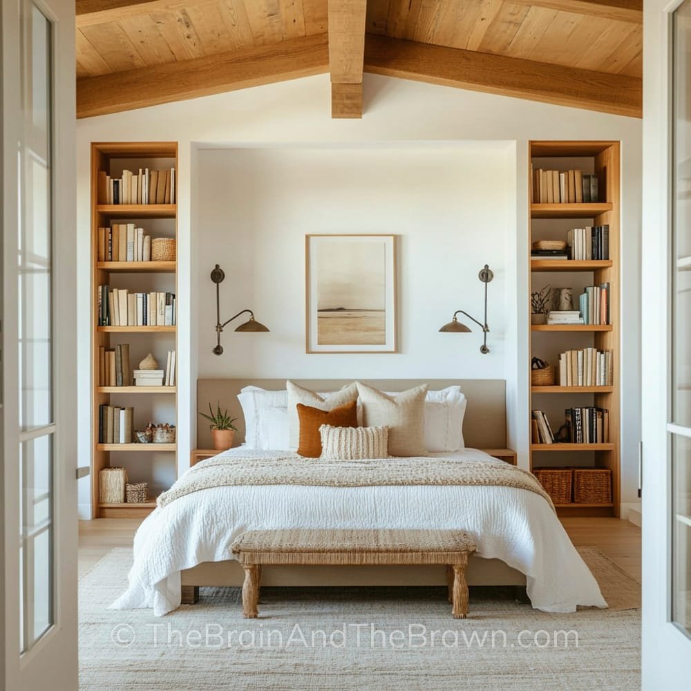 A cozy bedroom with a wooden vaulted ceiling and a queen size bed in the center of the room. Two floor to ceiling bookshelves flank each side of the bed with two wall sconces and a piece of art hang above the bed and showcase a bedroom wall decor idea