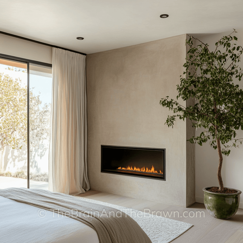 A minimalist wall decor idea with a plaster fireplace and large houseplant to the right of the fireplace 