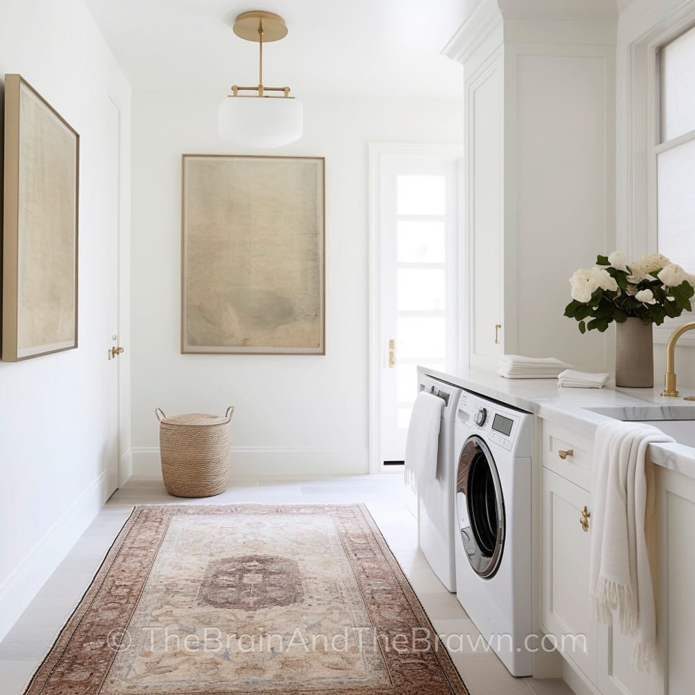 A beautiful laundry room with white cabinets and an antique Turkish rug on the ground. Two pieces of artwork hang on the walls of the laundry room. 