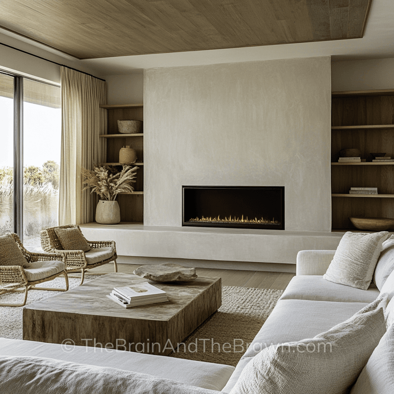 Modern living room wall decor idea with a large concrete fireplace and walnut bookshelves on each side of the fireplace 