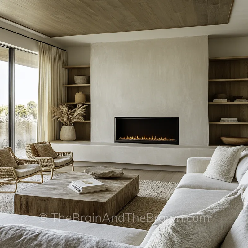 Living room with a large fireplace and bookshelves