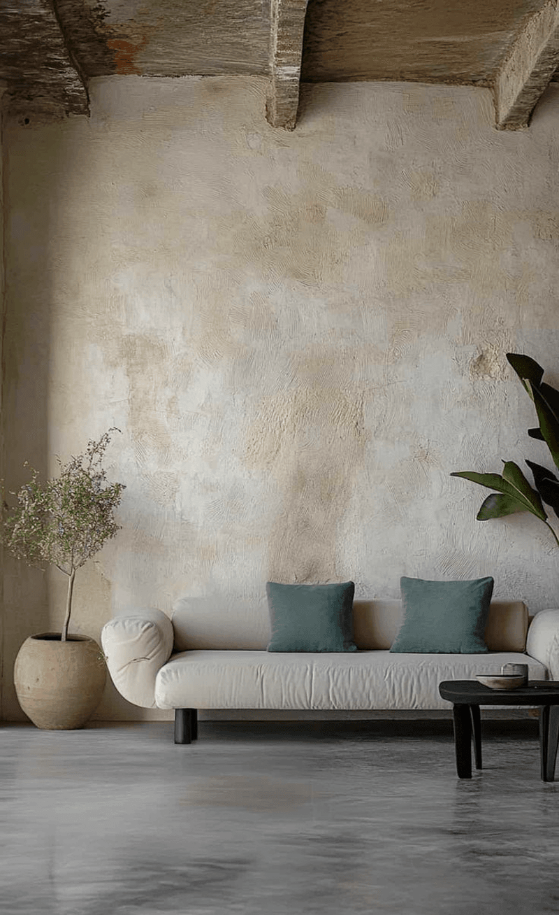 A grey textured wall works as wall decor in this living room. A couch and small indoor tree are in front of the textured wall.  