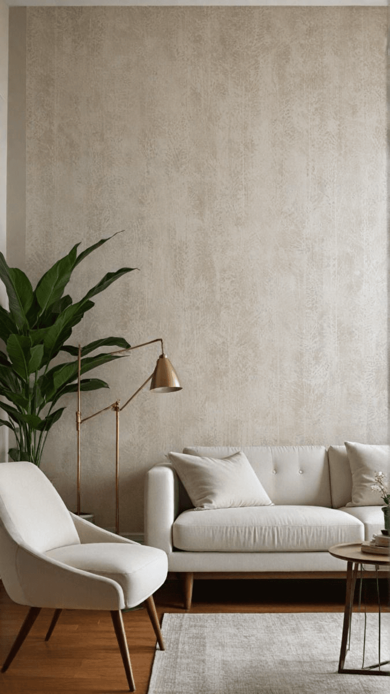 A minimalist wall decor idea of a grey textured wall with a large plant against the wall and a brass floor lamp next to the plant. A couch and chair are also in the room. 