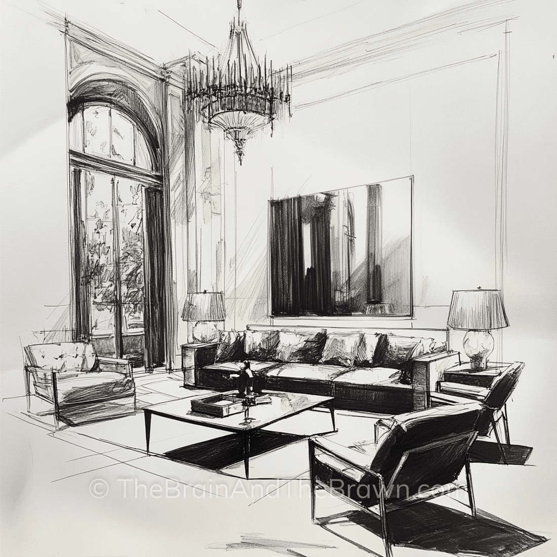 Sketch of a living room with a large piece of artwork hanging against a large wall 