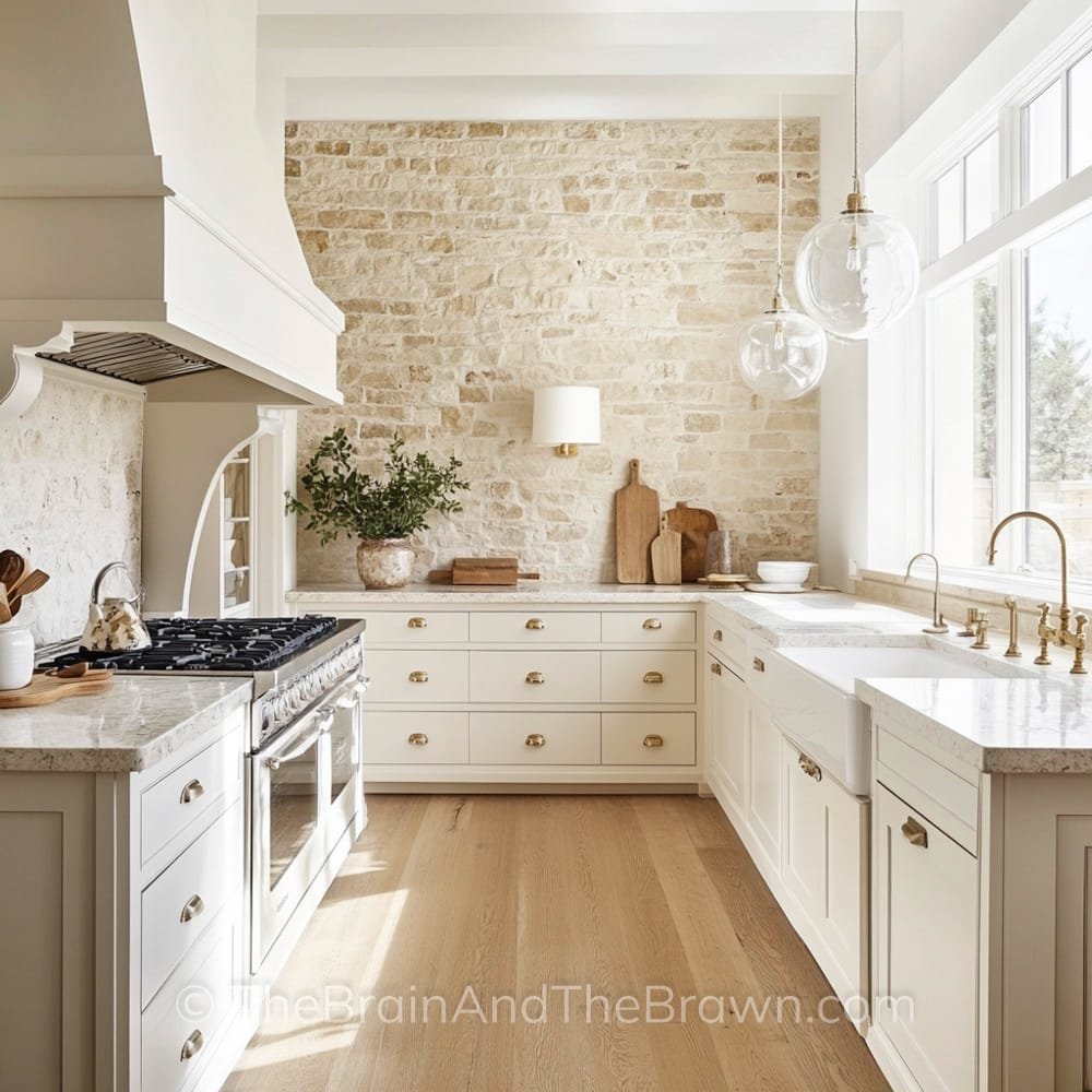 A cottage inspired kitchen with white cabinets and a textured stone wall as a backsplash. 