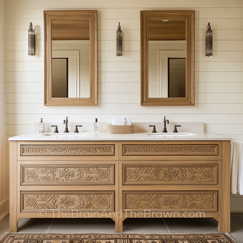 Shiplap wall paneling idea in a bathroom with a double sink wooden decorative vanity 