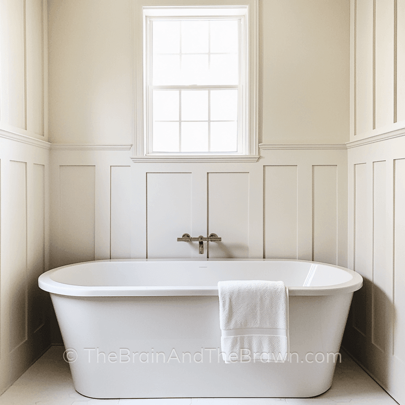 A bathroom wall panelling idea with wainscoting on the walls painted white with a white floating tub 