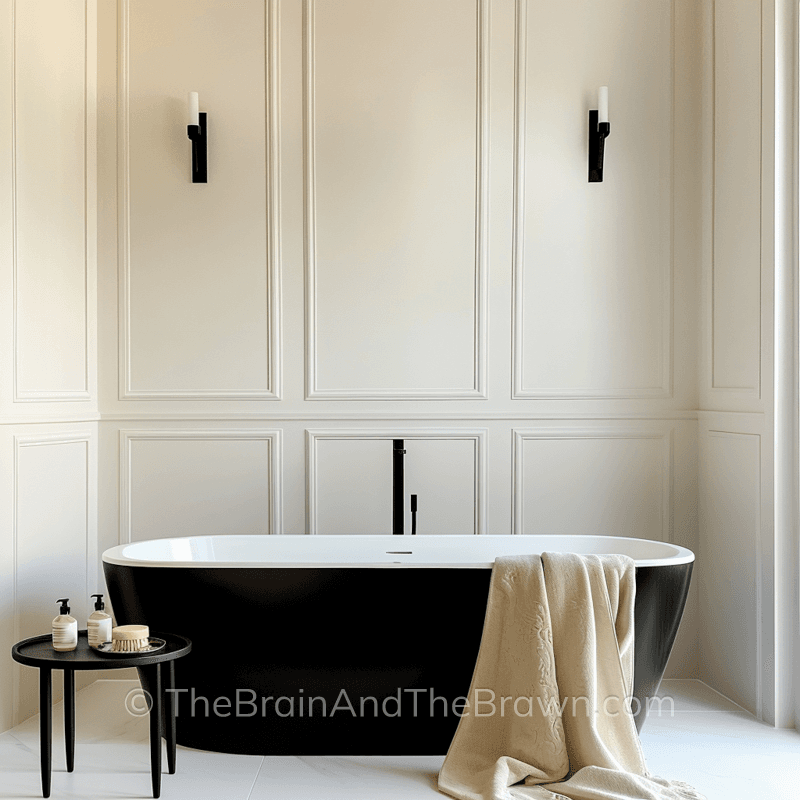 Bathroom wall paneling idea with floor to ceiling wall molding and a large floating tub in the center of the molding