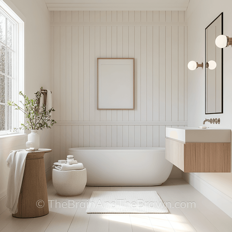 Bathroom wall panelling idea with a vertical shiplap accent wall