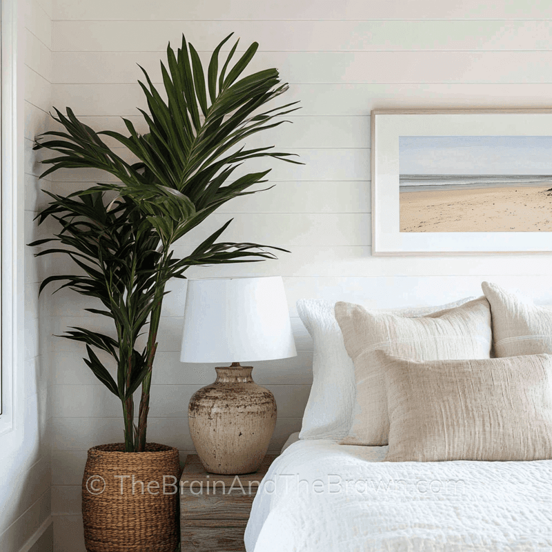 Bedroom with shiplap wall paneling painted white 