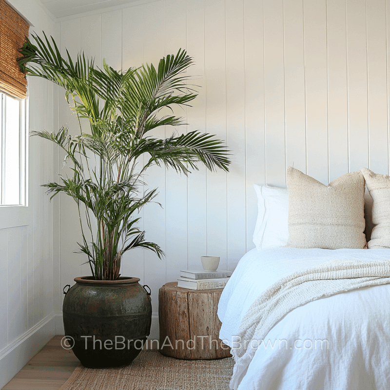 White vertical shiplap is a simple wall decor idea in this bedroom