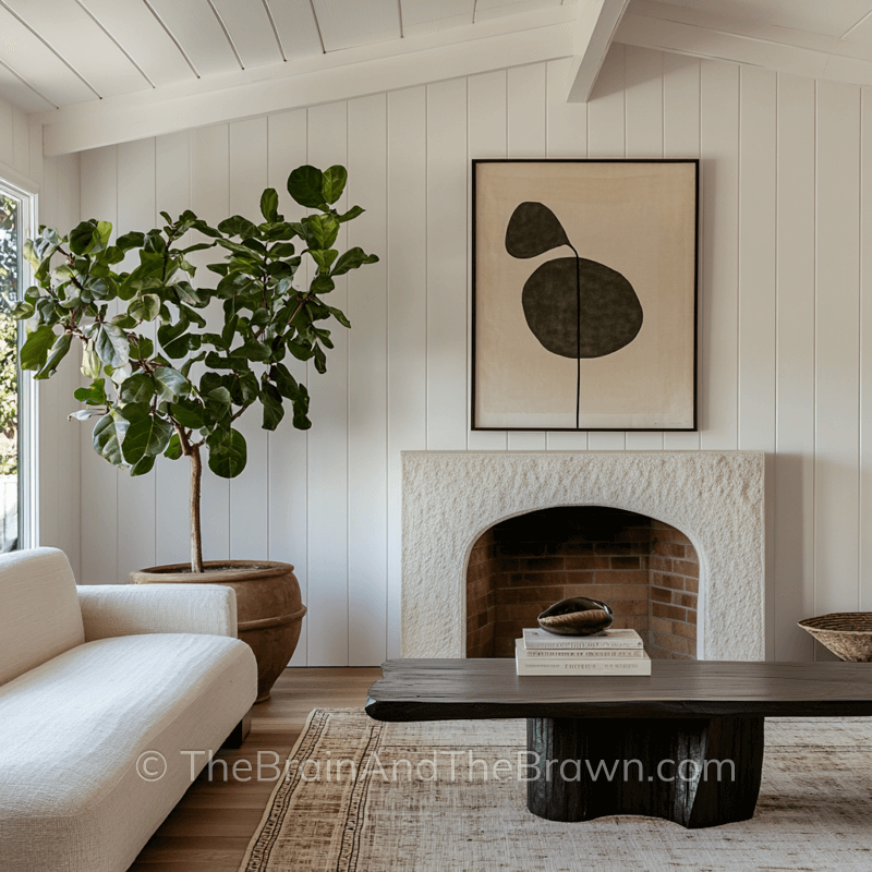 Multiple wall decor ideas in this this living room with vertical shiplap walls, a fireplace with large piece of artwork hanging above it and a large house plant to the left of the fireplace 