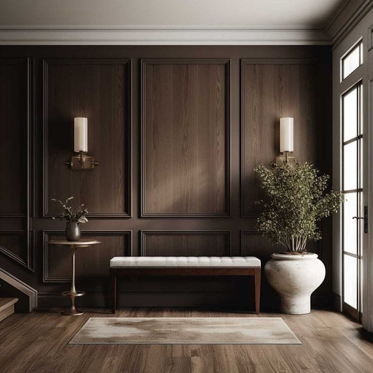 Interior wall paneling idea in an entryway with stained walnut floor to ceiling molding and two wall sconces on the wall