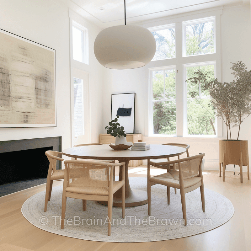 A dining room wall art idea with a wooden round table and wooden round wishbone chairs and a large peice of abstract artwork hung over a fireplace