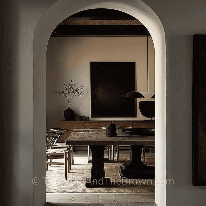 A dark and moody wall art for dining room idea with a large dark piece of artwork hung over a dining room credenza with a wooden rectangular table on it and wishbone chairs around the table