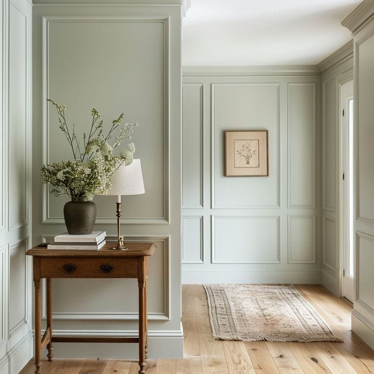 Entryway with a floor to ceiling wall molding idea painted a neutral light green