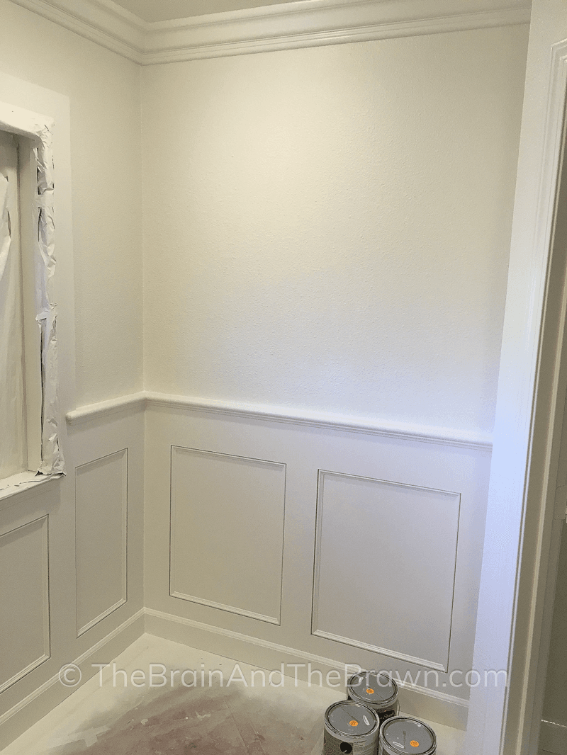 Hall wall paneling idea for bathroom painted white 