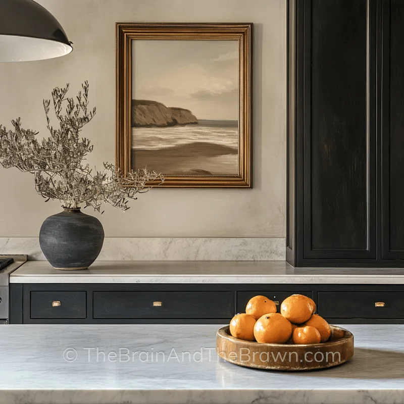 A picture of the ocean coast line hangs in a kitchen above the countertops
