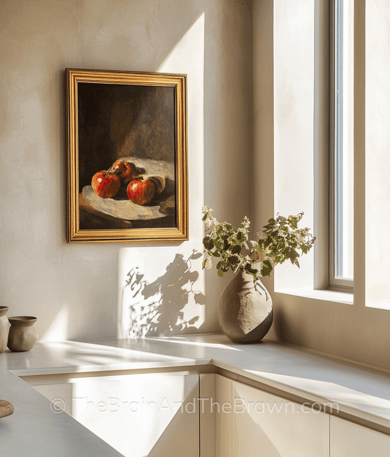 Kitchen wall art idea with a painting of three apples hanging above a kitchen countertop