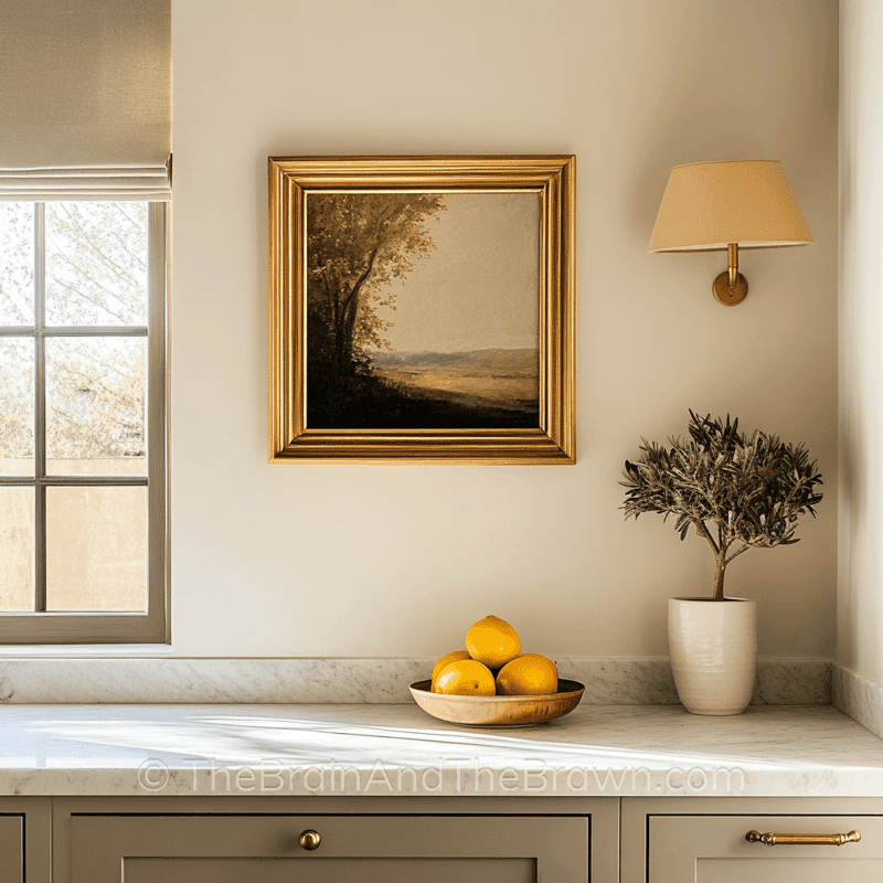 Landscape wall art hangs on a wall in a kitchen above the kitchen cabinets