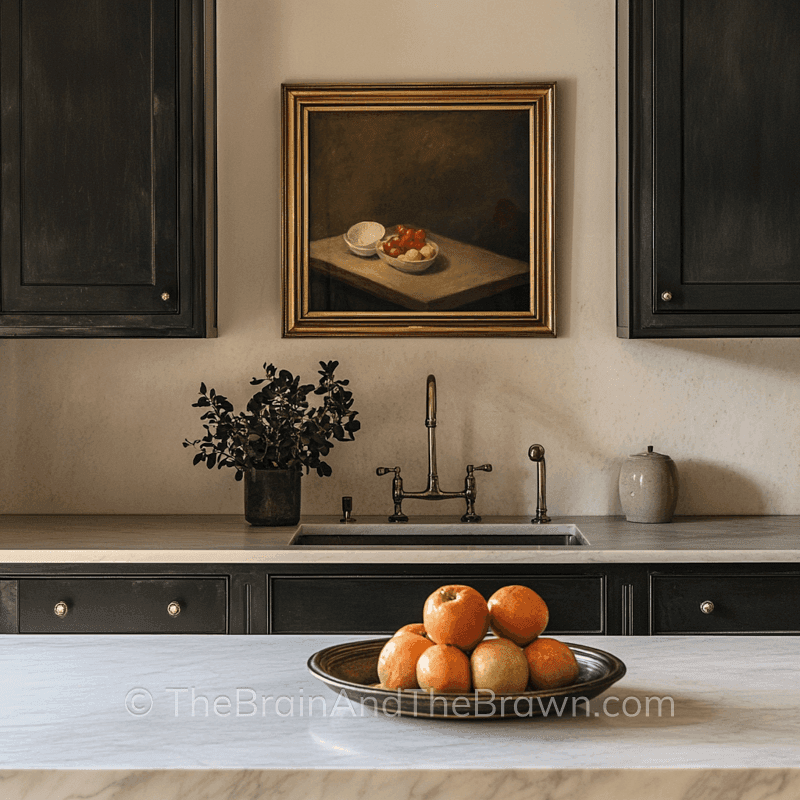 Kitchen wall art idea with a piece of artwork hanging above a kitchen sink