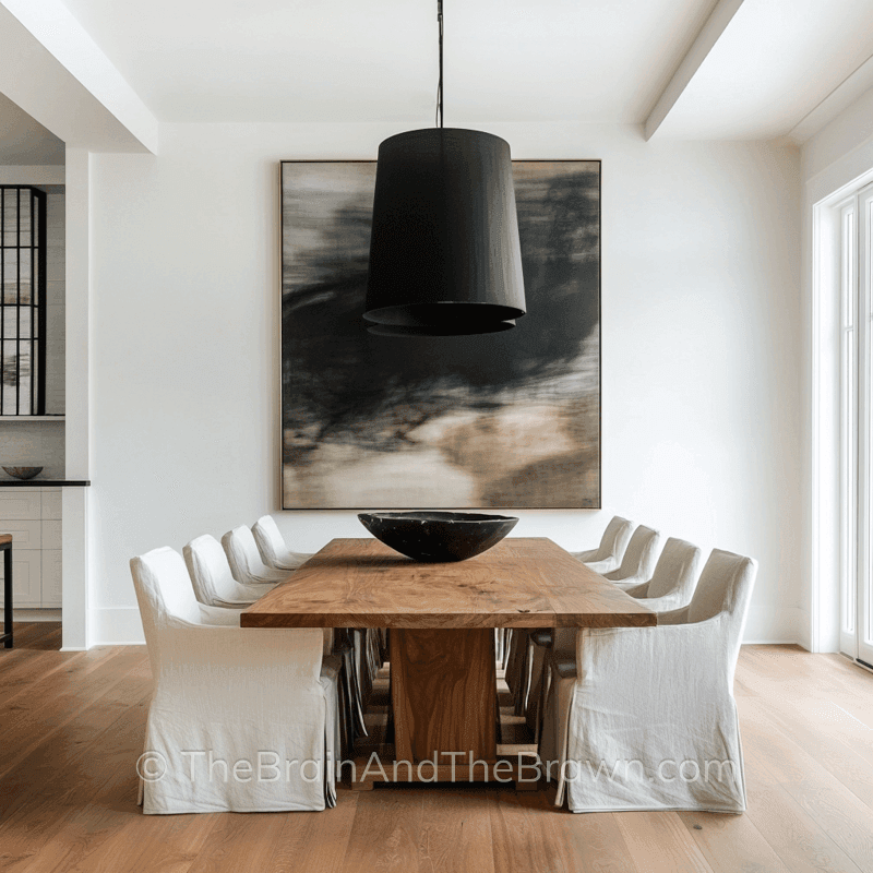 Wall art for dining room idea with a large piece of abstract artwork as the focal point and a large wooden rectangular table with upholstered chairs around it 