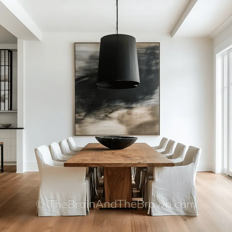 Wall art for dining room idea with a large piece of abstract artwork as the focal point and a large wooden rectangular table with upholstered chairs around it 