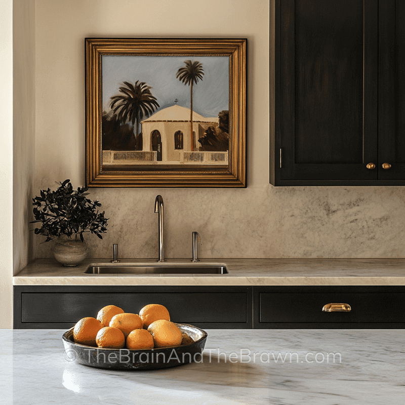 A personalized piece of artwork hangs above a kitchen sink