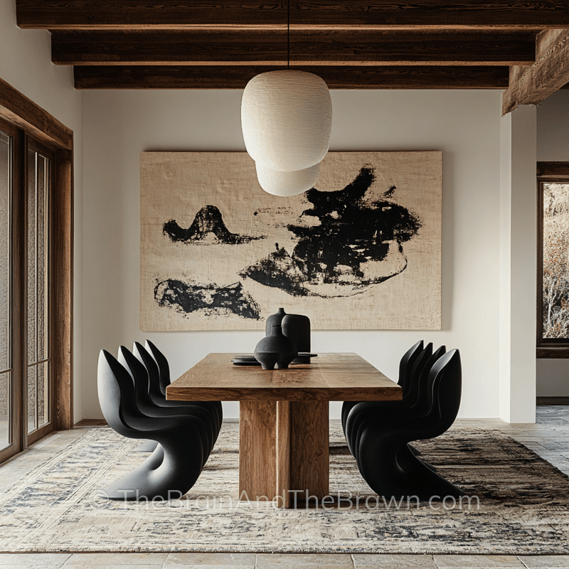 A modern dining room with a large piece of modern abstract artwork on the walls and a large wooden table and four black chairs