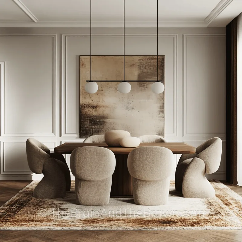 An elegant and modern dining room with a wood rectangular table, upholstered chairs and a large piece of abstract artwork hung on the wall
