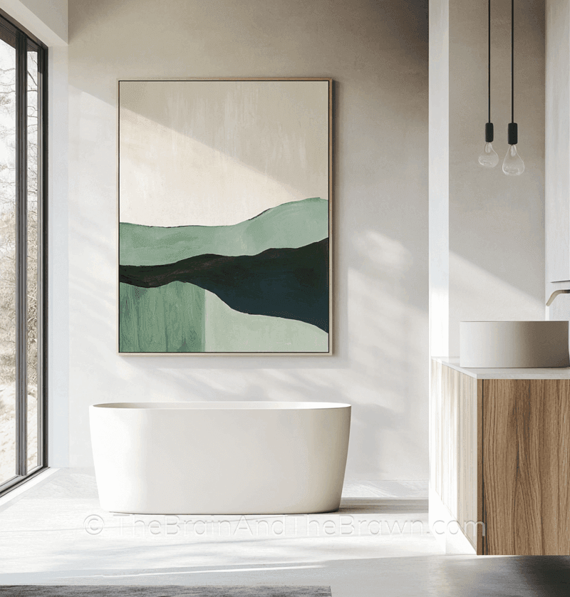 Wall art for bathroom idea with a large floating tub and a large piece of abstract artwork hanging above it