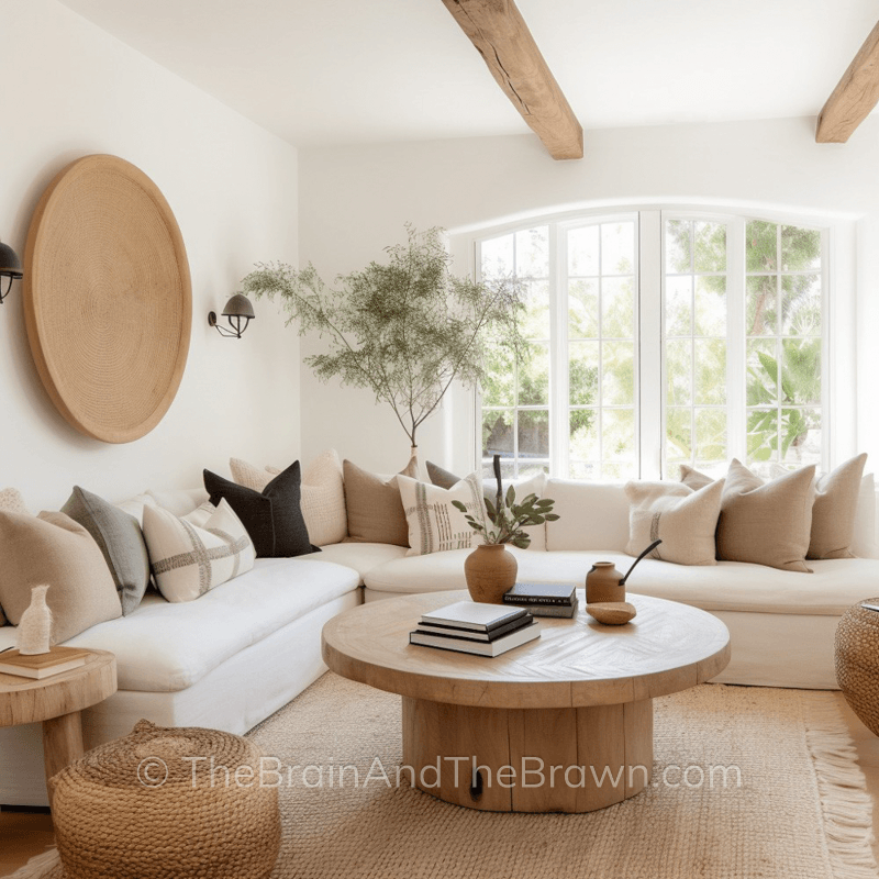 A large round wicker object hangs above a neutral l-shaped sectional as a unique wall art idea for living room