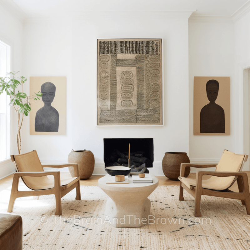 A tapestry hangs above a fireplace with two pieces of artwork on either side of the fireplace