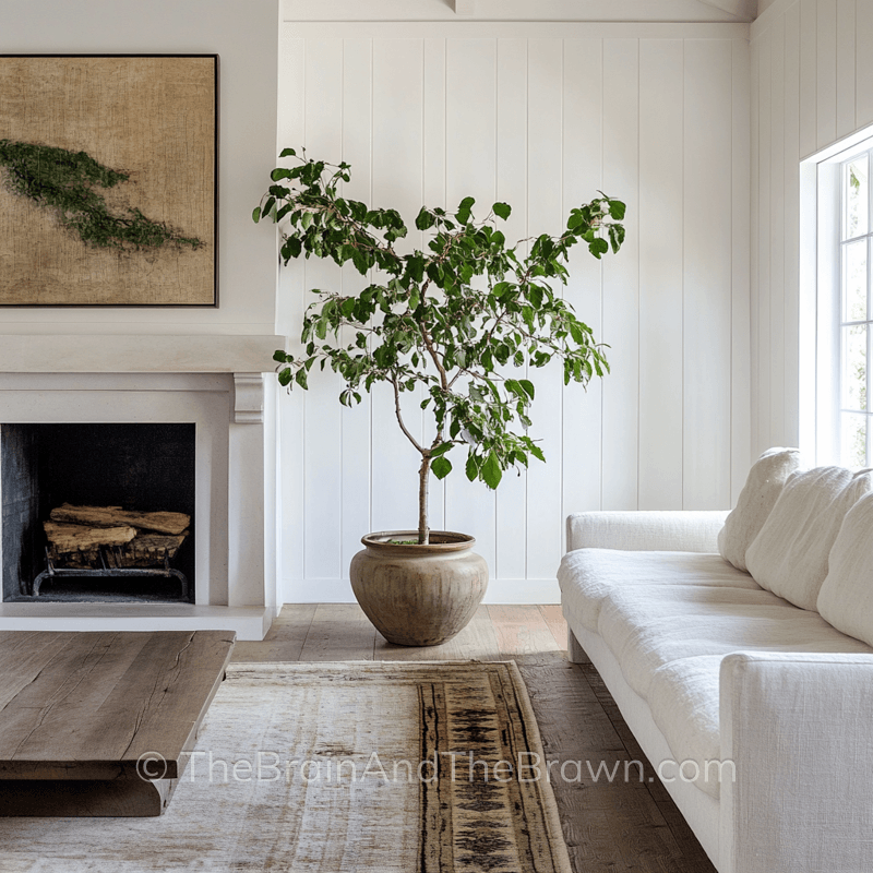 Shiplap wall idea in a living room with white vertical shiplap and a white stone fireplace 