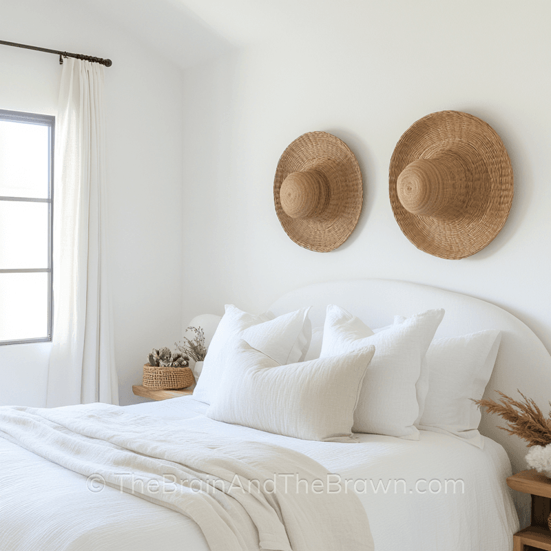 Two bamboo sun hats hang above a bed and provide a unique bedroom wall decor idea 