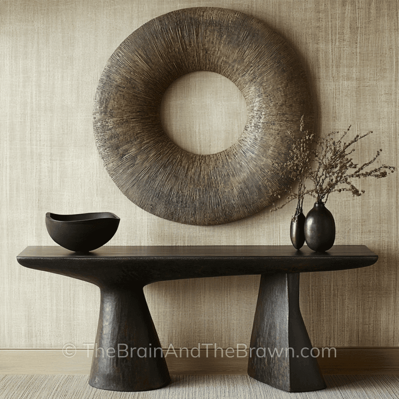 Entryway with a sculptural metal entryway table, textured neutral wallpaper and a large round object  hanging above the table as wall decor