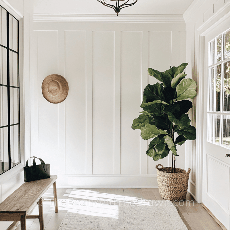 Entryway wall decor idea with white board and batten along one wall