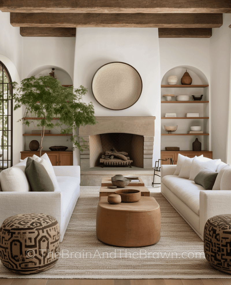 A living room with two white sofas facing each other. and a stone fireplace with two arched built in books cases on either side of the fireplace and an oversized round object hangs above the fireplace as the focal point of the room