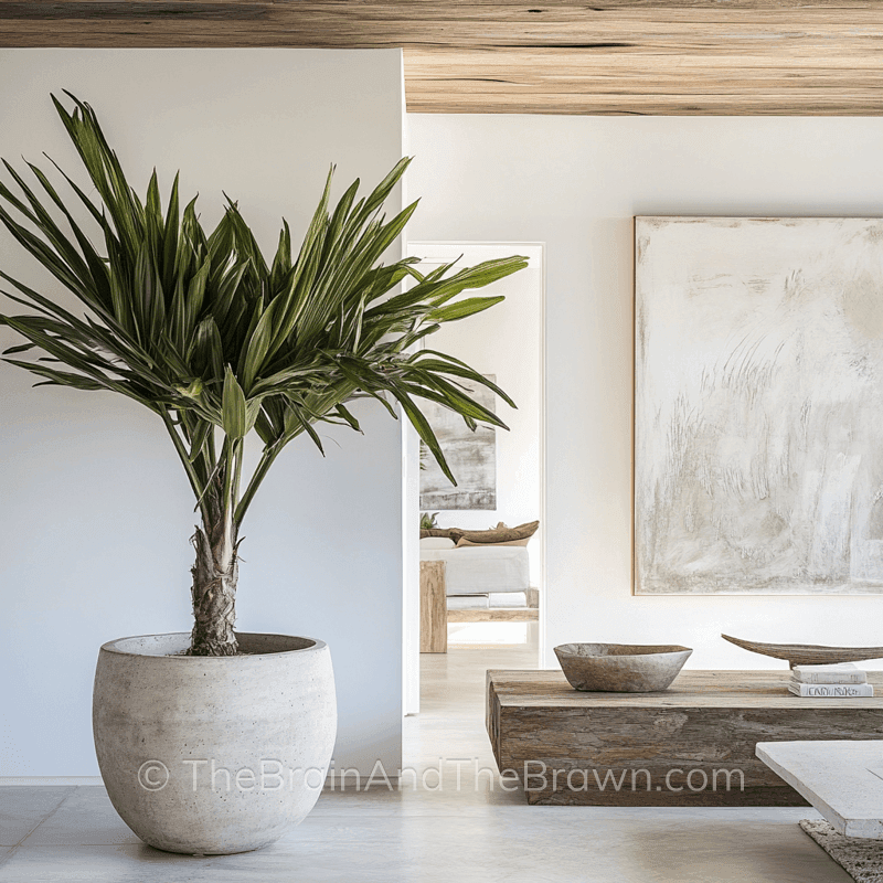 Large piece of abstract wall art hangs on the wall to the left of the artwork is a large houseplant 