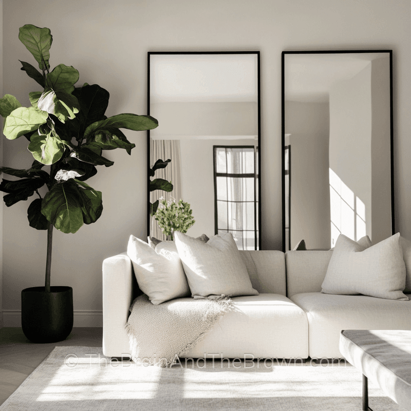 Two floor to ceiling rectangular mirrors set behind a white couch with a large plant to the left of the mirrors that all serve as unique wall decor ideas