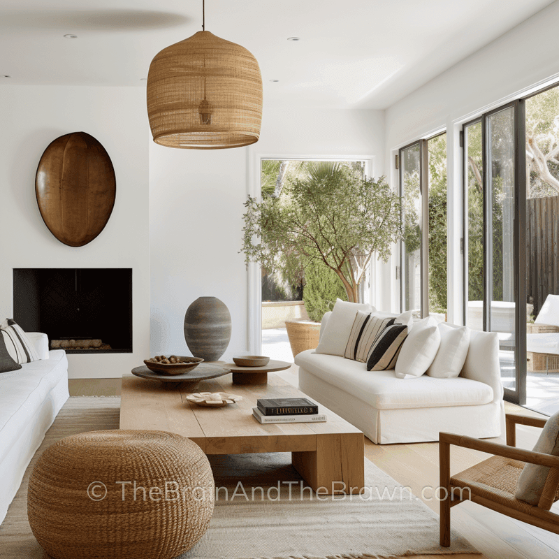 Living room with a unique round metal object hanging above the fireplace works as a wall decor idea