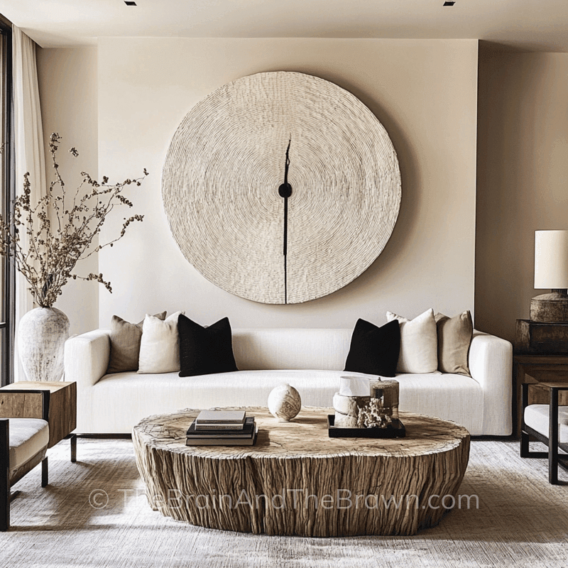 A large piece of round artwork hangs above a couch in a living room to provide a living room wall decor idea