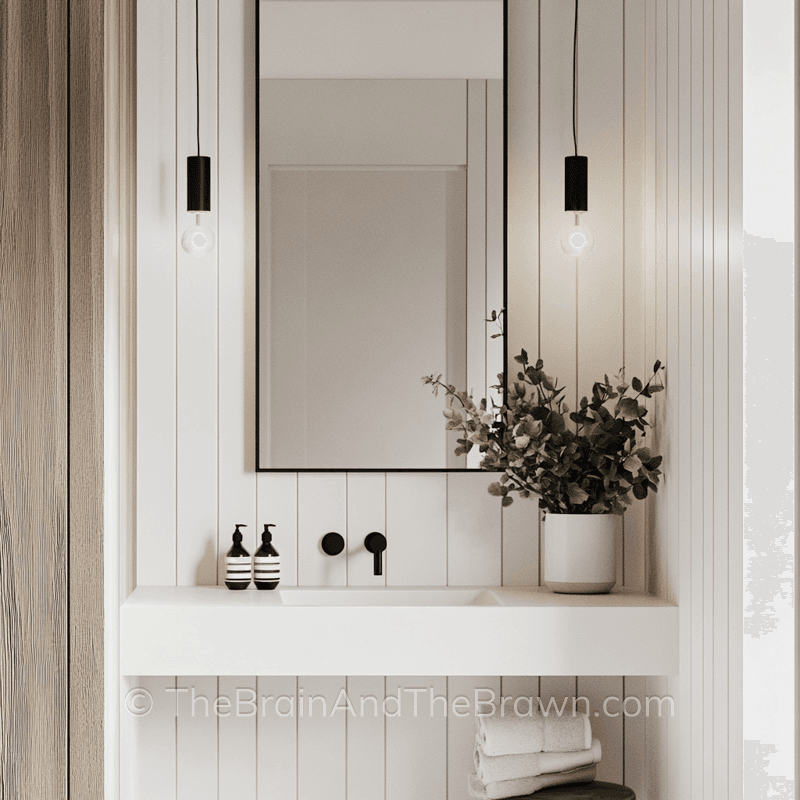 Small bathroom wall paneling idea with vertical shiplap and a floating white stone sink